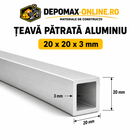 Teava patrata aluminiu 20 x 20 x 3 mm, 6 metri (EN AW-6060)